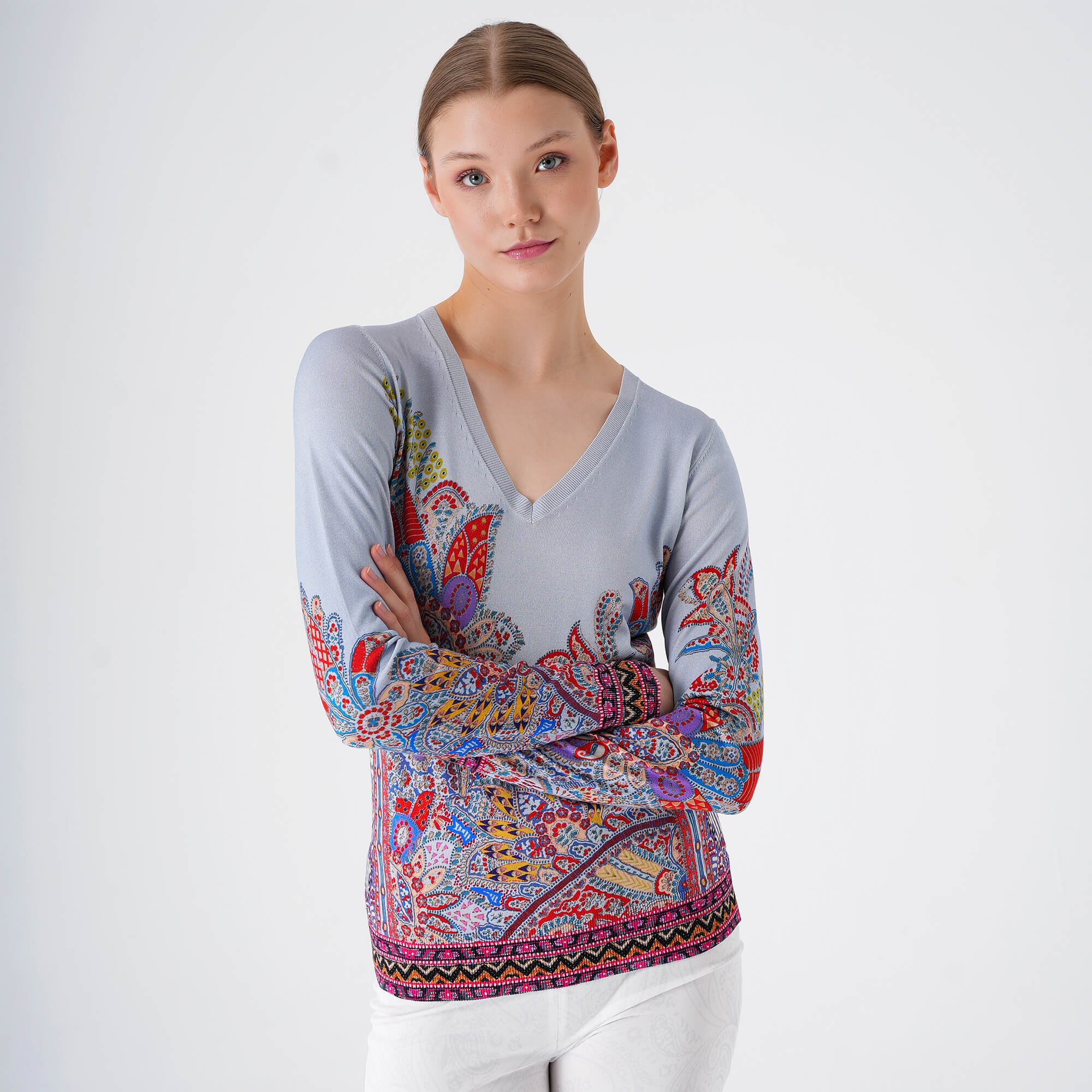 Etro - Blue Paisley Thin V Neck Sweater